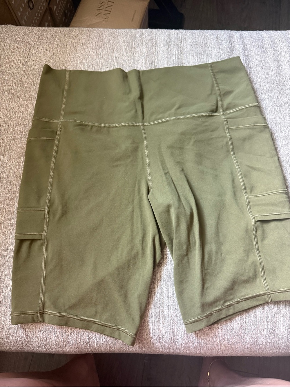 Athleta High-Waist Olive Green Cargo Bike Shorts and Matching Racer Back Tank